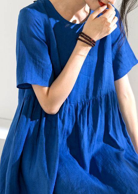 Natural O Neck Cinched Linen Summer Dresses Fabrics Blue Dress