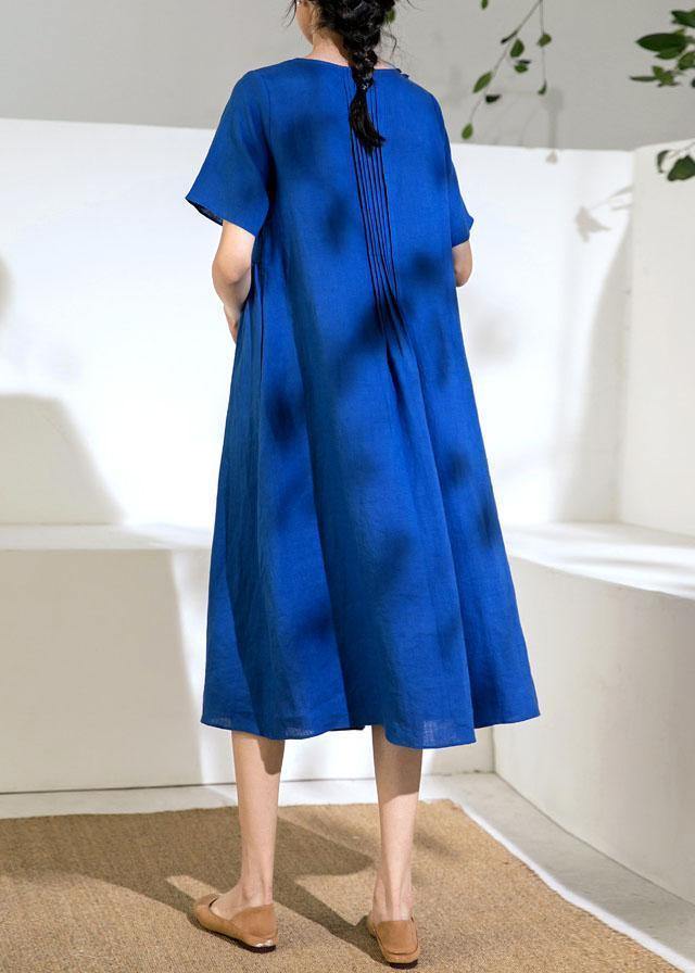 Natural O Neck Cinched Linen Summer Dresses Fabrics Blue Dress