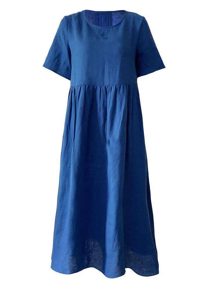 Natural O Neck Cinched Linen Summer Dresses Fabrics Blue Dress