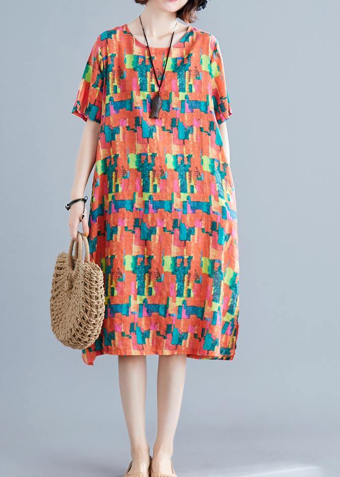 Natural Orange Print Cotton Wardrobes O Neck Pockets Shift Summer Dress