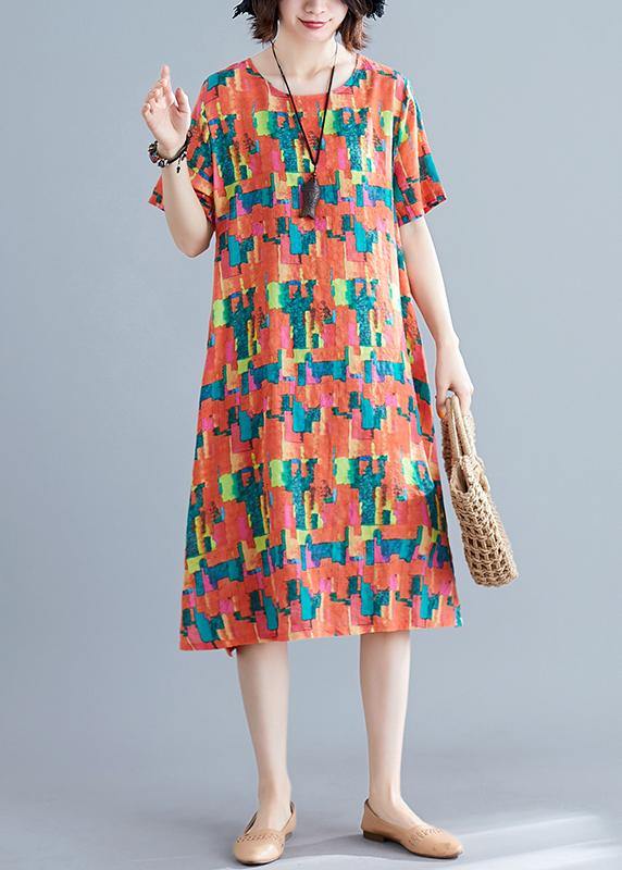 Natural Orange Print Cotton Wardrobes O Neck Pockets Shift Summer Dress
