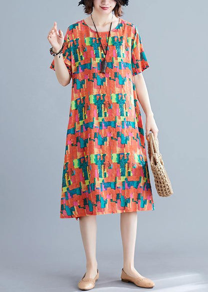 Natural Orange Print Cotton Wardrobes O Neck Pockets Shift Summer Dress