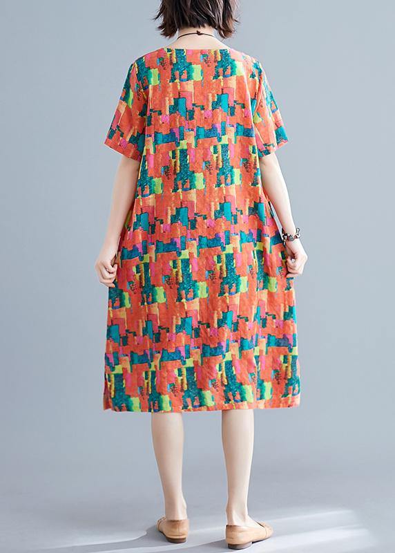 Natural Orange Print Cotton Wardrobes O Neck Pockets Shift Summer Dress
