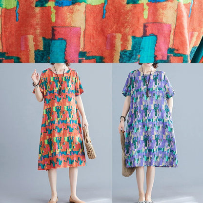 Natural Orange Print Cotton Wardrobes O Neck Pockets Shift Summer Dress