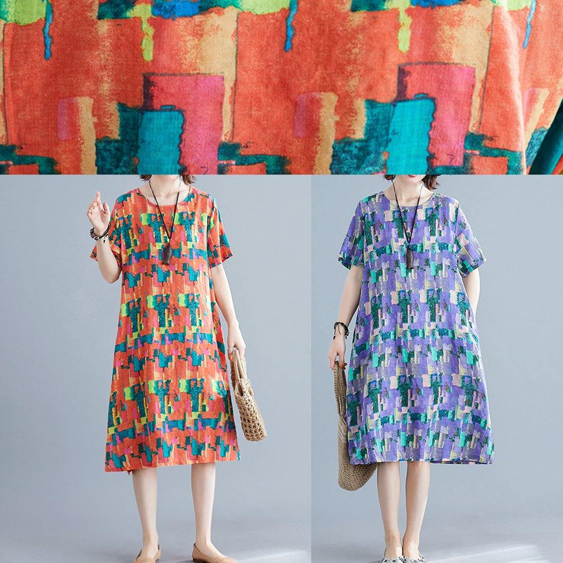 Natural Orange Print Cotton Wardrobes O Neck Pockets Shift Summer Dress