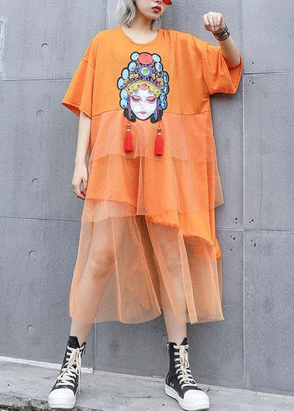 Natural Orange Prints Cotton Clothes for Patchwork Tulle Loose Summer Dresses