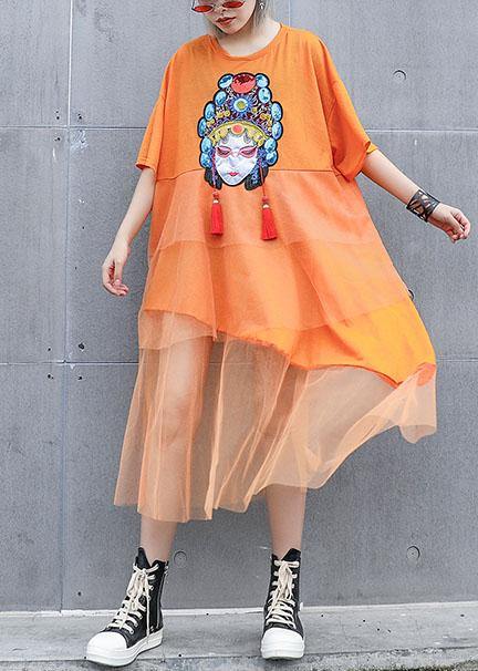 Natural Orange Prints Cotton Clothes for Patchwork Tulle Loose Summer Dresses