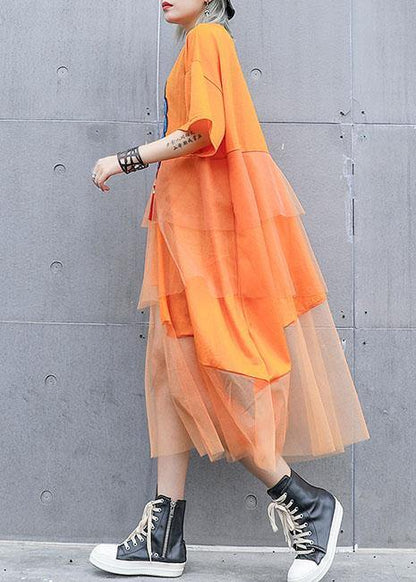 Natural Orange Prints Cotton Clothes for Patchwork Tulle Loose Summer Dresses