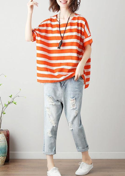 Natural Orange Striped Cotton Blouses for O Neck Batwing Sleeve Art Top