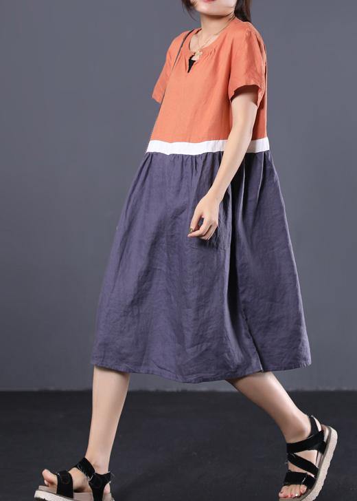 Natural Patchwork Color Linen Dresses Shape Orange V Neck Dress Summer