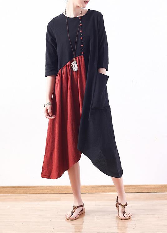 Natural Patchwork Cotton Dresses Wardrobes Black Bracelet Sleeved Dress Summer