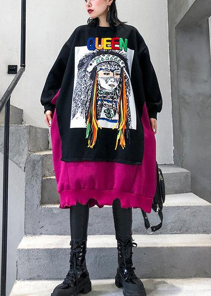 Natural Patchwork Cotton Winter Tunic Ideas Black Cartoon Print Dresses