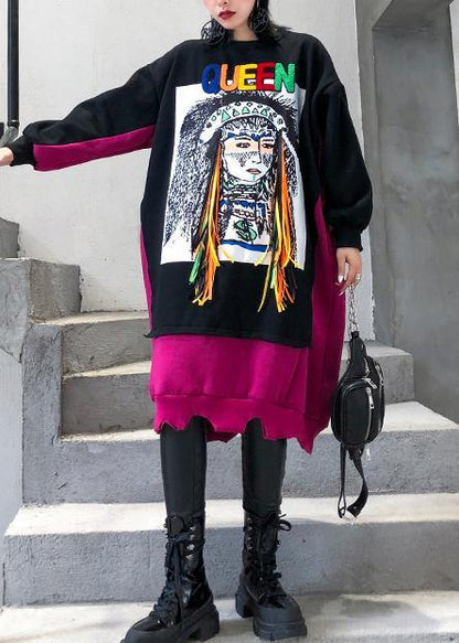 Natural Patchwork Cotton Winter Tunic Ideas Black Cartoon Print Dresses
