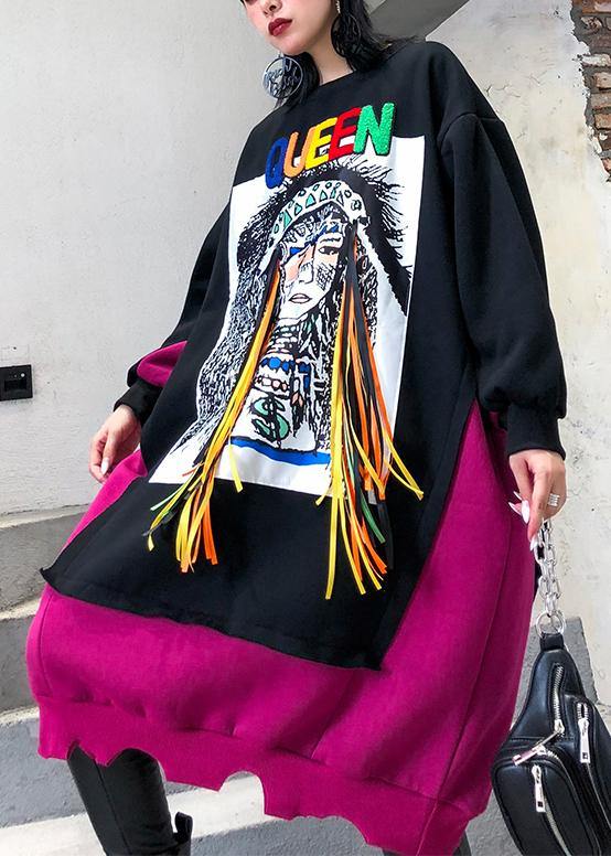 Natural Patchwork Cotton Winter Tunic Ideas Black Cartoon Print Dresses