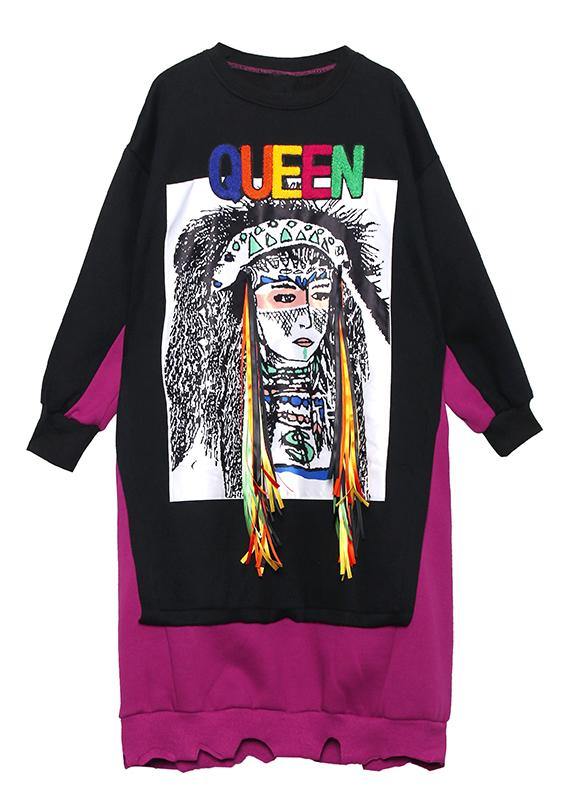 Natural Patchwork Cotton Winter Tunic Ideas Black Cartoon Print Dresses
