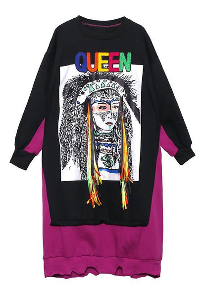 Natural Patchwork Cotton Winter Tunic Ideas Black Cartoon Print Dresses