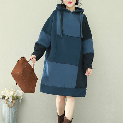 Natural Patchwork Hooded Cotton Quilting Dresses Blue Midi Dress