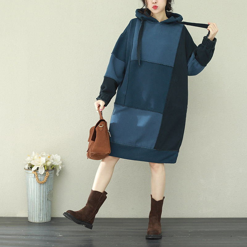 Natural Patchwork Hooded Cotton Quilting Dresses Blue Midi Dress