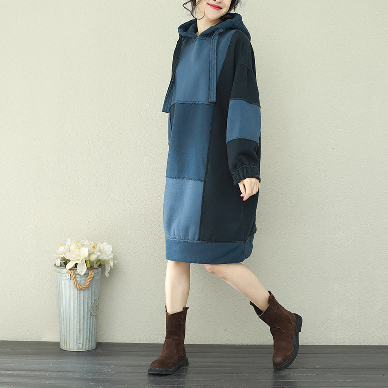 Natural Patchwork Hooded Cotton Quilting Dresses Blue Midi Dress