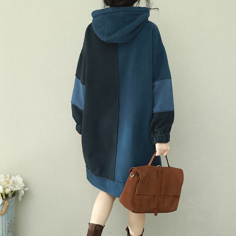 Natural Patchwork Hooded Cotton Quilting Dresses Blue Midi Dress