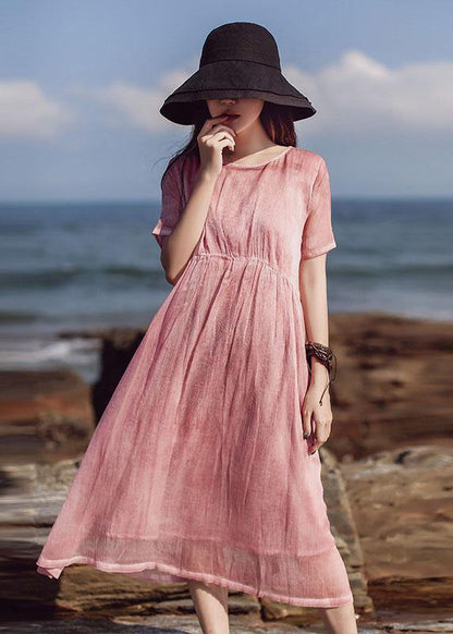 Natural Pink Cotton Quilting Clothes Short Sleeve Loose Summer Dress