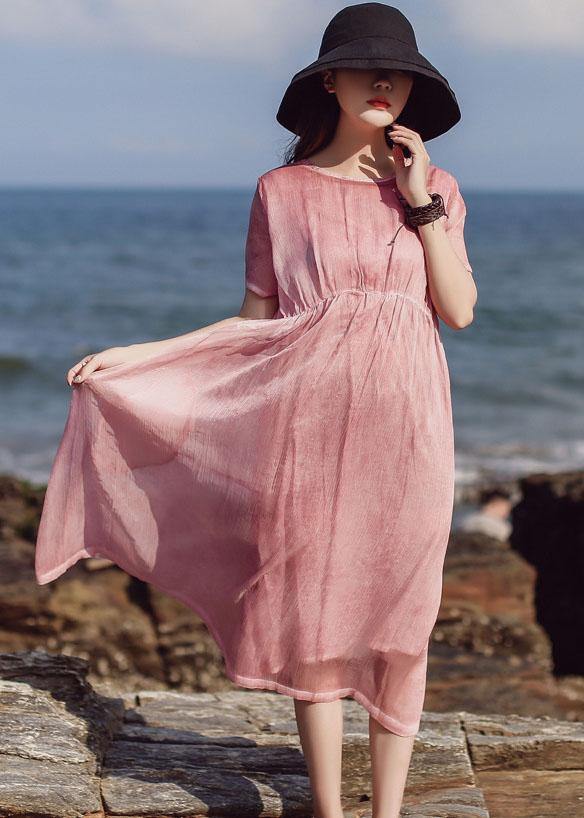 Natural Pink Cotton Quilting Clothes Short Sleeve Loose Summer Dress