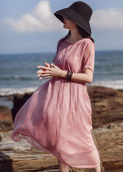 Natural Pink Cotton Quilting Clothes Short Sleeve Loose Summer Dress