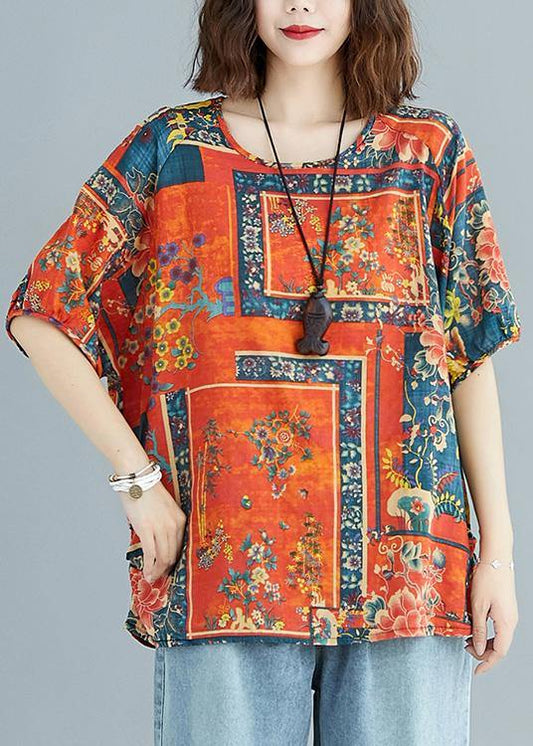 Natural Prints Cotton Tunic Pattern O Neck Short Sleeve Linen Daily Summer Blouse