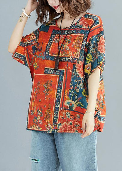 Natural Prints Cotton Tunic Pattern O Neck Short Sleeve Linen Daily Summer Blouse