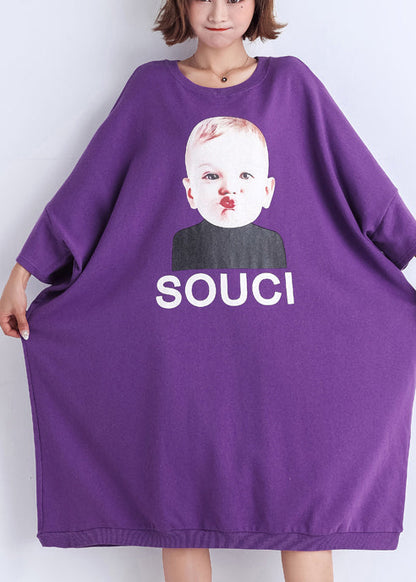 Natural Purple Print Cotton Clothes Sewing O Neck Cotton Summer Dress