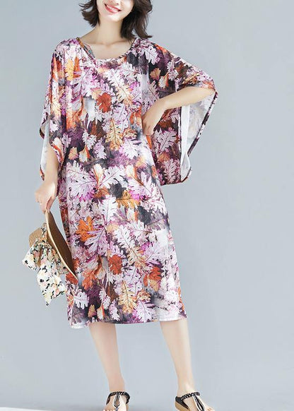Natural Purple Print Cotton Clothes O Neck a Line Summer Dresses