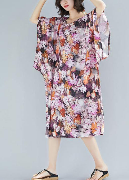 Natural Purple Print Cotton Clothes O Neck a Line Summer Dresses