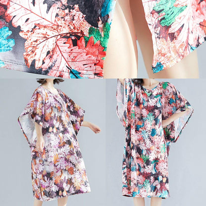 Natural Purple Print Cotton Clothes O Neck a Line Summer Dresses