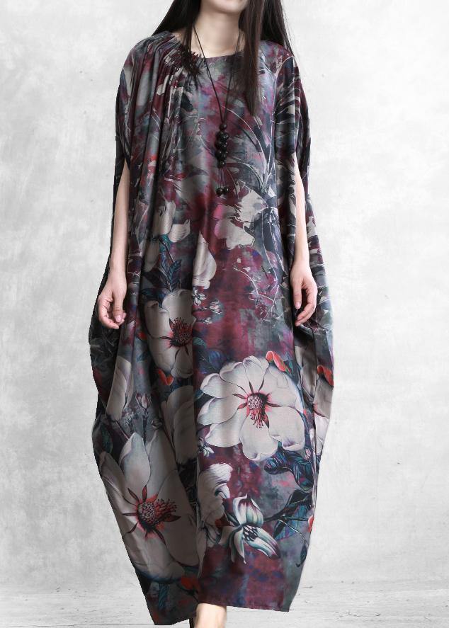 Natural Purple Print Clothes for O Neck Batwing Sleeve Robes Dresses