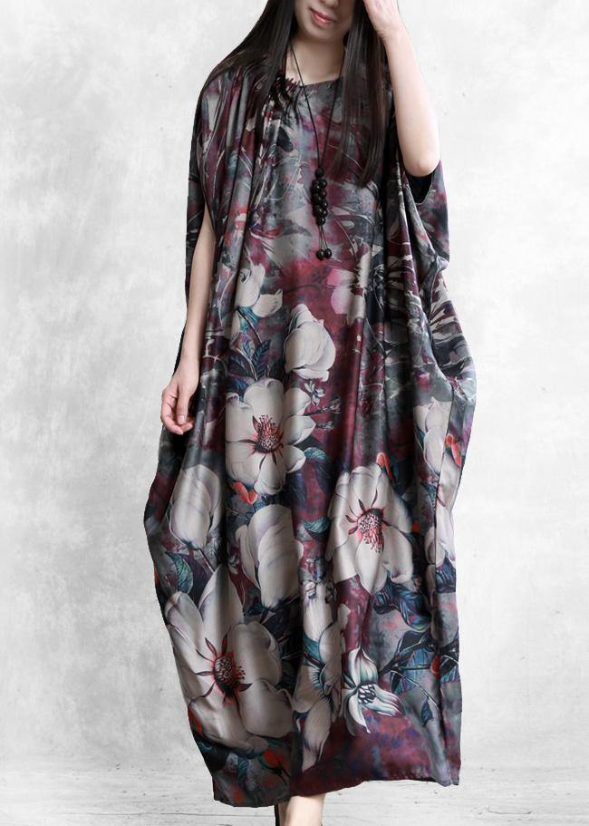 Natural Purple Print Clothes for O Neck Batwing Sleeve Robes Dresses
