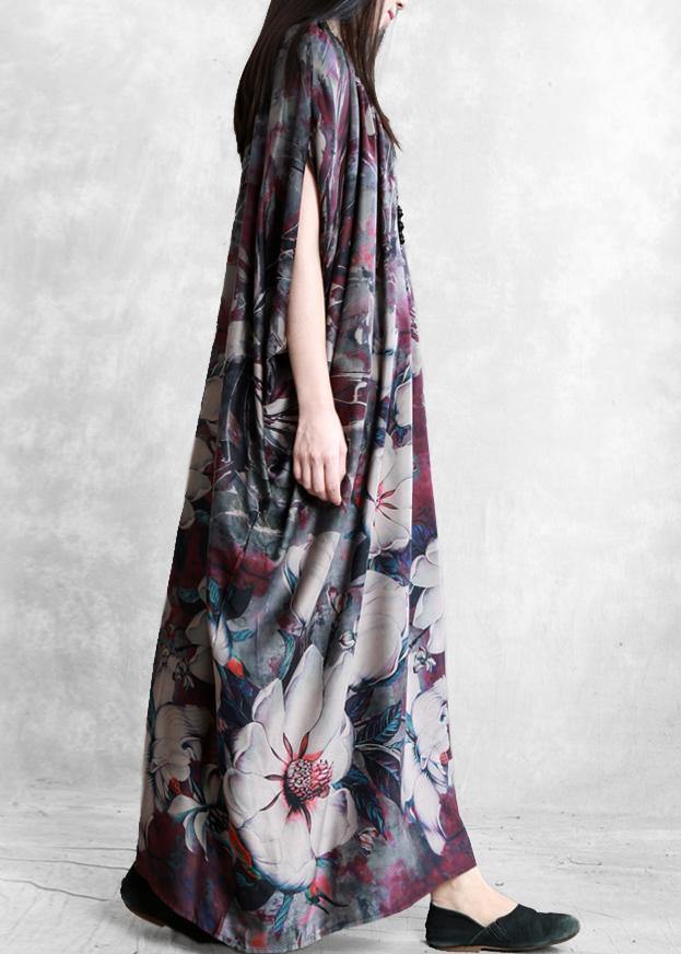Natural Purple Print Clothes for O Neck Batwing Sleeve Robes Dresses