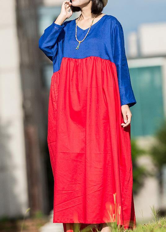Natural Red Blue Linen Robes Patchwork O Neck Summer Dresses