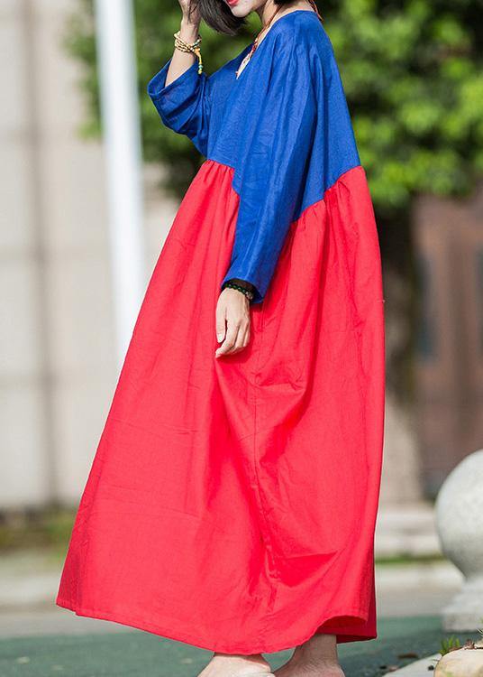 Natural Red Blue Linen Robes Patchwork O Neck Summer Dresses
