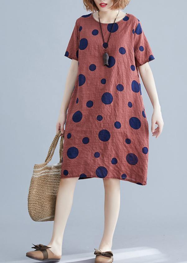 Natural Red Dotted Cotton Dress O Neck Pockets Shift Dres