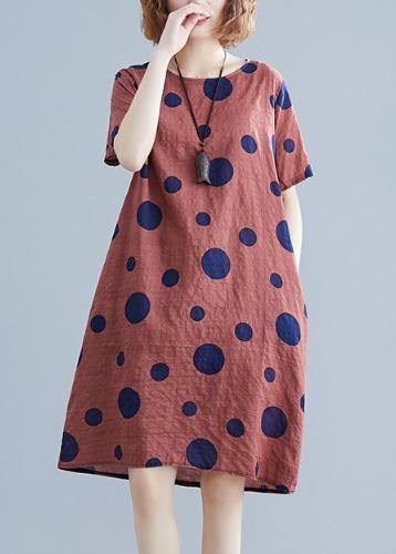 Natural Red Dotted Cotton Dress O Neck Pockets Shift Dres