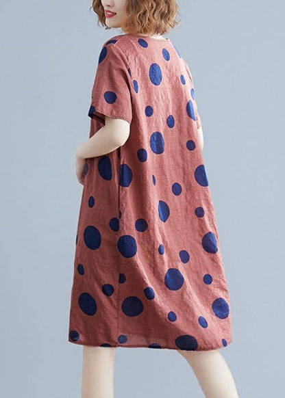 Natural Red Dotted Cotton Dress O Neck Pockets Shift Dres