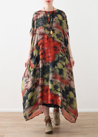 Natural Red Silk Robes Shirts O Neck Long Summer Dresses