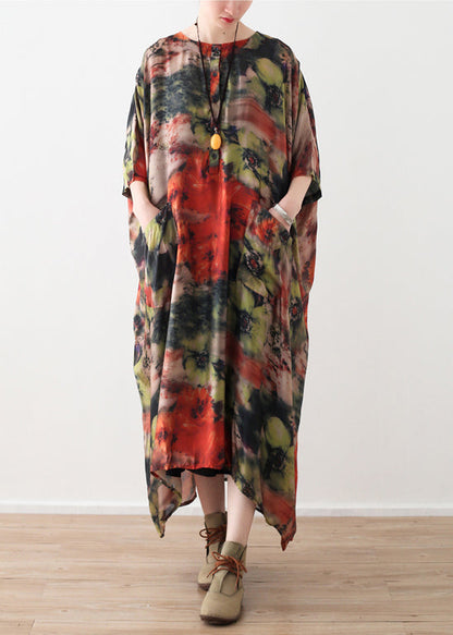 Natural Red Silk Robes Shirts O Neck Long Summer Dresses