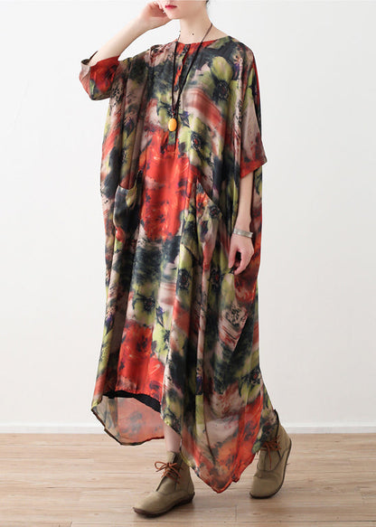 Natural Red Silk Robes Shirts O Neck Long Summer Dresses