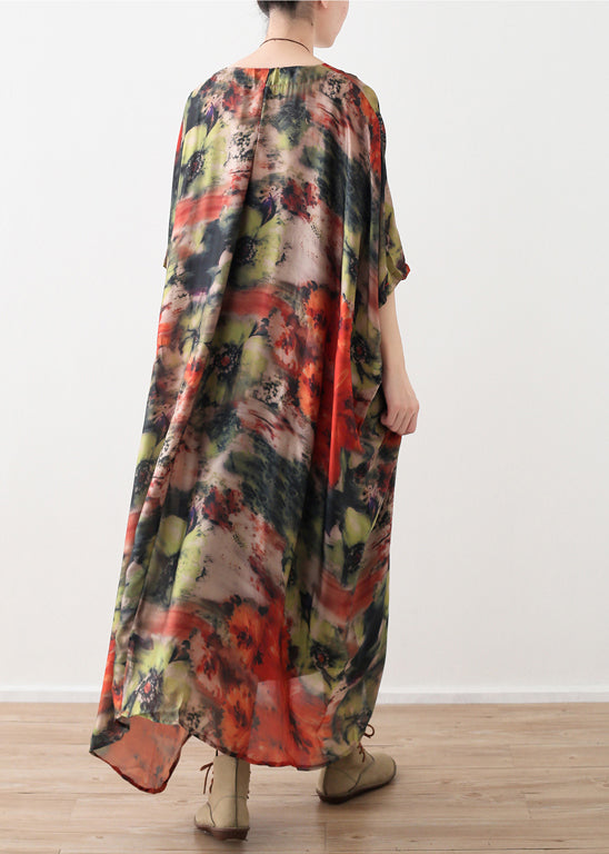 Natural Red Silk Robes Shirts O Neck Long Summer Dresses