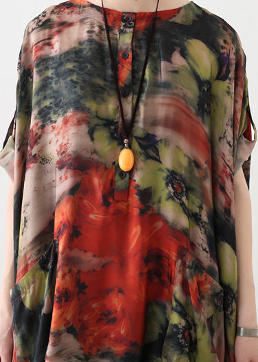 Natural Red Silk Robes Shirts O Neck Long Summer Dresses