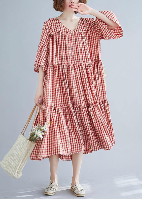 Natural Red Plaid Cotton Long Shirts V Neck Cinched Robe Summer Dresses