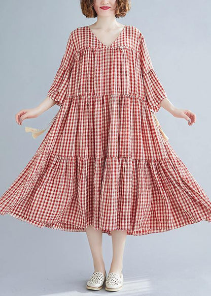 Natural Red Plaid Cotton Long Shirts V Neck Cinched Robe Summer Dresses