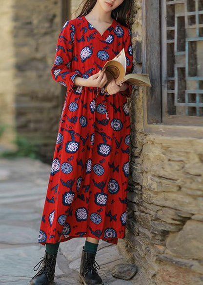 Natural Red Print Cotton Soft Surroundings V Neck Drawstring Love Summer Dresses
