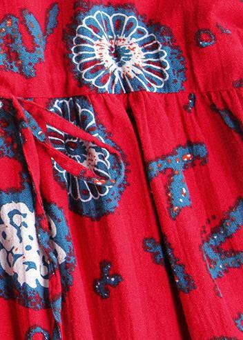 Natural Red Print Cotton Soft Surroundings V Neck Drawstring Love Summer Dresses